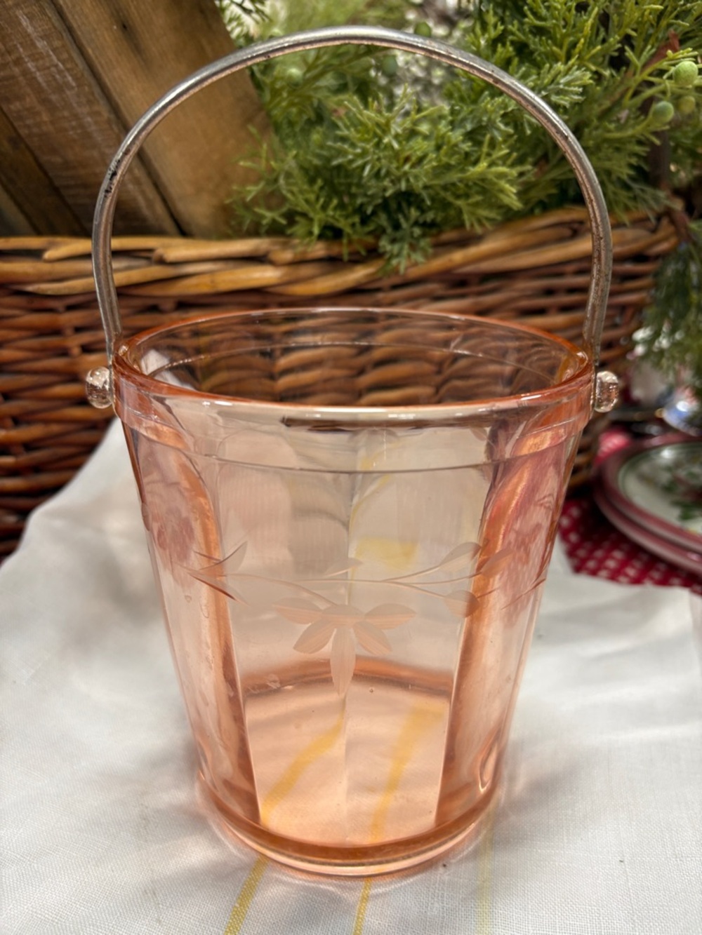 Pink Etched Glass Ice Bucket with Silver Handle